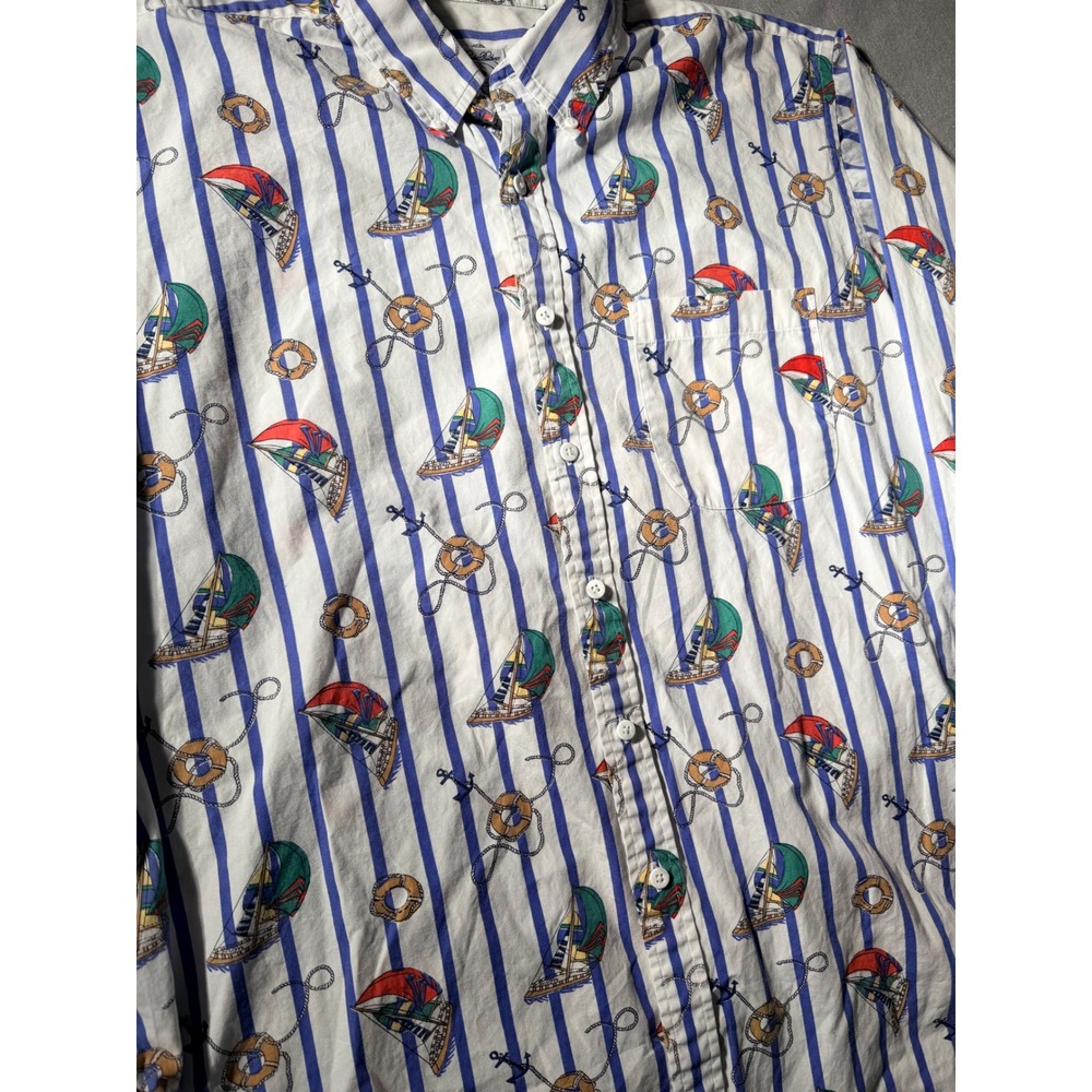 Vintage Brooks Brothers Sport Shirt Mens Large White Blue Nautical Sailboat - Picture 2 of 5